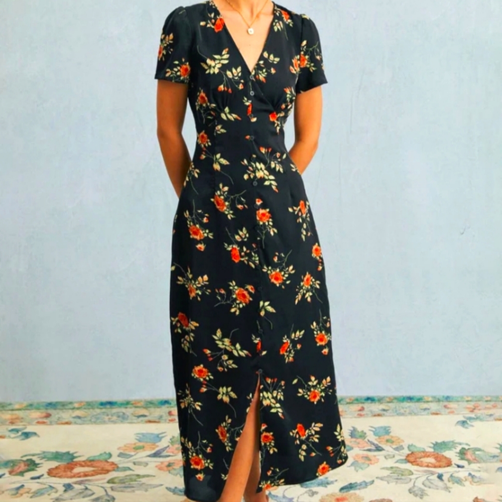 NEVER WORN RIHOAS black V neck floral maxi dress (Size L) NEW WITH TAGS